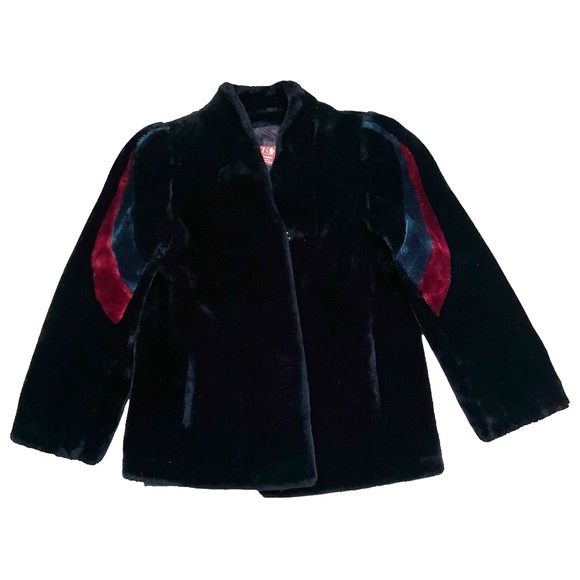 Vintage Faux Fur Coat Jacket Sasson New York Paris Sz XS S Black 80s w Stripes - Picture 1 of 12